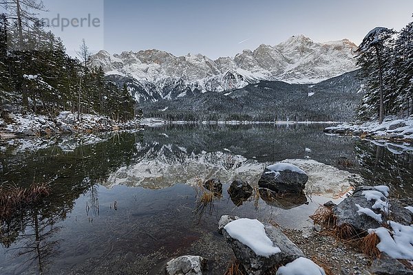 Eibsee im Winter mit Zugspitze  Spiegelung  Wettersteingebirge  Oberbayern  Bayern  Deutschland  Europa