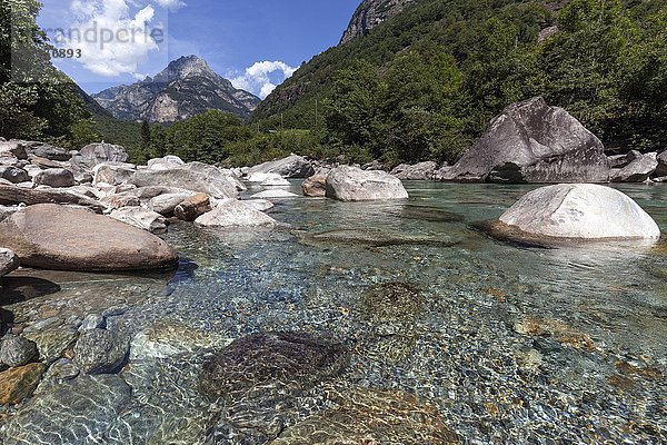 Große Steine im Fluss Verzasca zwischen Lavertezzo und Brione  Verzascatal  Valle Verzasca  Kanton Tessin  Schweiz  Europa