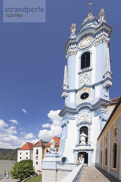 Kirchenterrasse und Turm der Stiftskirche  Dürnstein  Donau  Wachau  Niederösterreich  Österreich  Europa