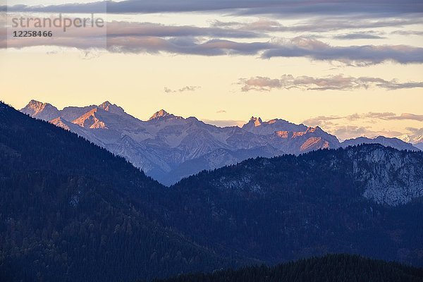 Karwendelgebirge mit Hochkarspitze  Morgenblick von Zwiesel bei Wackersberg  Isarwinkel  Oberbayern  Bayern  Deutschland  Europa