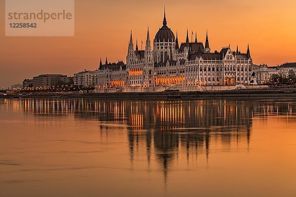 Sonnenaufgang mit Parlament und Wasserspiegelung in der Donau  Budapest  Ungarn  Europa