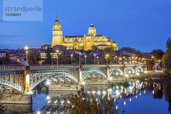 Kathedrale mit Brücke über den Fluss Tormes  Salamanca  Kastilien und Leon  Spanien  Europa