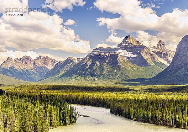 Landschaft der Rocky Mountains und des Athabasca-Flusses  Jasper National Park  Alberta  Kanada  Nordamerika