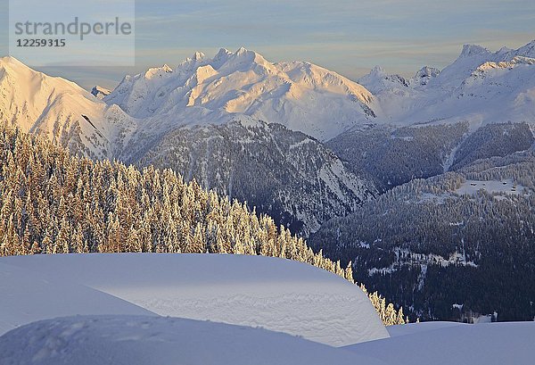 Winterlandschaft mit Blick auf das Rhonetal und Gross Schinhorn 2939m  Bettmeralp  Aletschgebiet  Oberwallis  Wallis  Schweiz  Europa