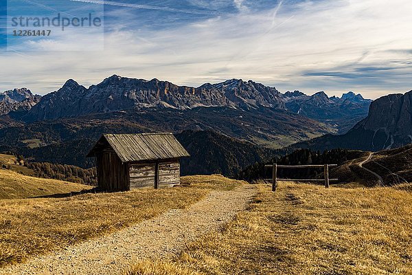Weg mit Almhütte und Südtiroler Bergen  St. Martin in Thurn  Südtirol  Italien  Europa