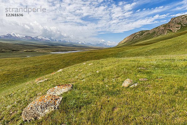 Mit Flechten bewachsene Felsen im Sary Jaz-Tal  Region Issyk Kul  Kirgisistan  Asien