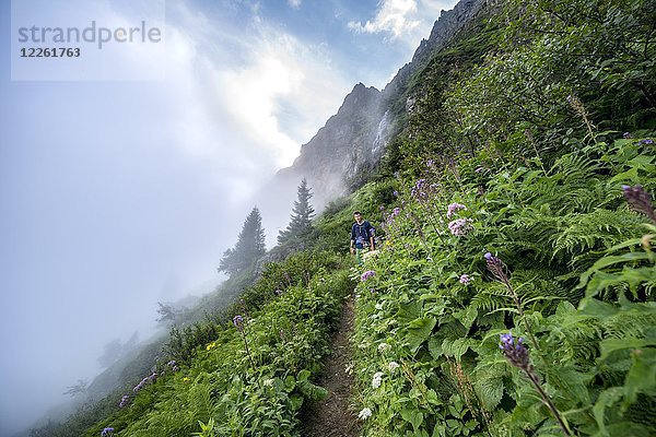 Wanderer auf Wanderweg  Aufstieg zum Greifenberg  Schladminger Höhenweg  Schladminger Tauern  Schladming  Steiermark  Österreich  Europa