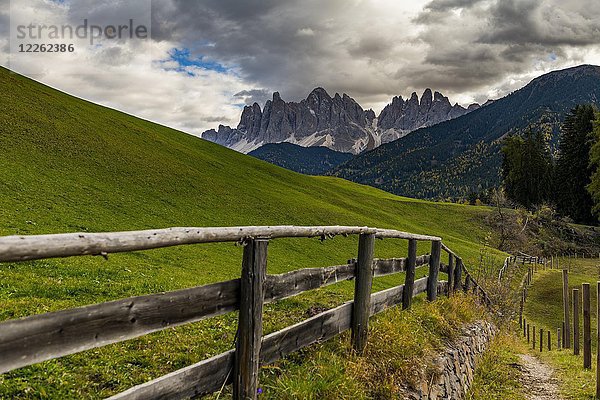 Gipfel der Geislergruppe mit Zaun im Vordergrund  Villnößtal  St. Magdalena  Südtirol  Italien  Europa