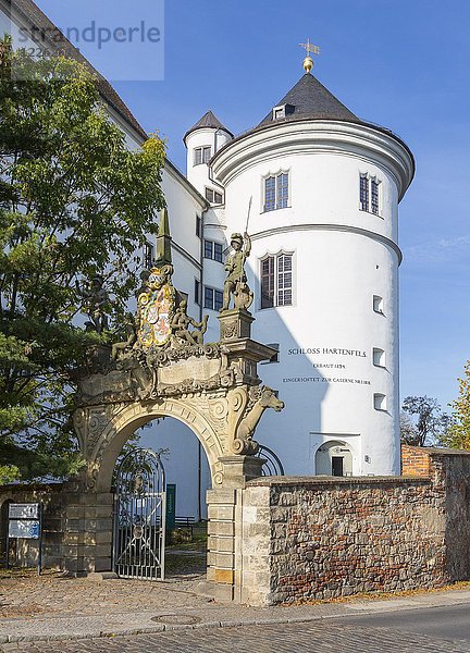 Portal mit sächsischem Wappen als Eingang zum Schloss Hartenfels  im Hintergrund der Flaschenturm  Torgau  Sachsen  Deutschland  Europa
