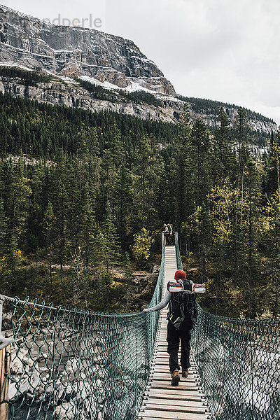 Kanada  British Columbia  Mount Robson Provincial Park  zwei Männer auf Drehbrücke am Berg Lake Trail