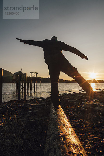 Kanada  British Columbia  Port Edward  Mann  der bei Sonnenuntergang auf dem Baumstamm balanciert.