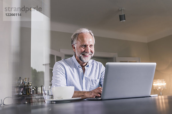 Porträt eines glücklichen reifen Mannes  der zu Hause am Tisch sitzt und einen Laptop benutzt.