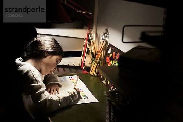 Hochwinkelansicht des Mädchens beim Lernen am beleuchteten Schreibtisch in der Dunkelkammer