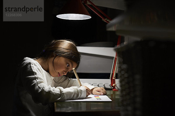 Mädchen beim Studieren am beleuchteten Schreibtisch in der Dunkelkammer