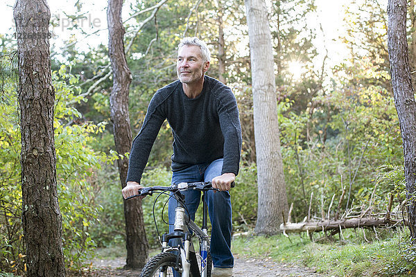 Grauhaariger Mann fährt Fahrrad im Wald  Massachusetts  USA