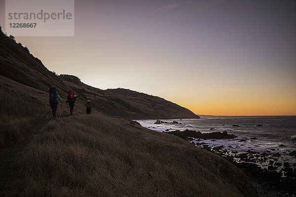 Drei Rucksacktouristen wandern in der Morgendämmerung an der Küste von Lost Coast  Kalifornien  USA