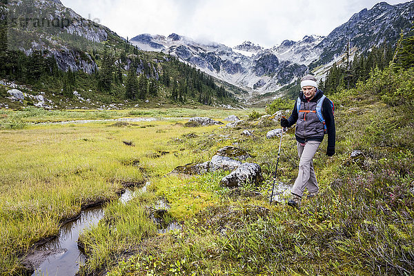 Frau beim Wandern durch Brandywine Meadows  Whistler  British Columbia  Kanada
