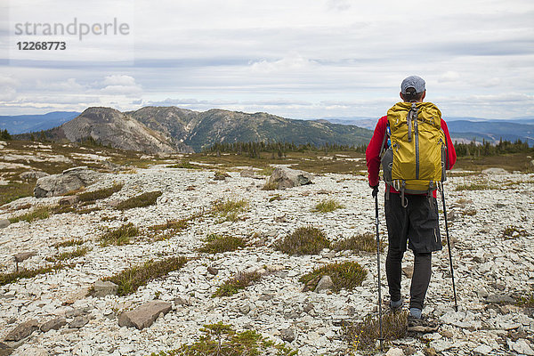 Rucksacktourist beim Wandern durch Illal Meadows  British Columbia  Kanada