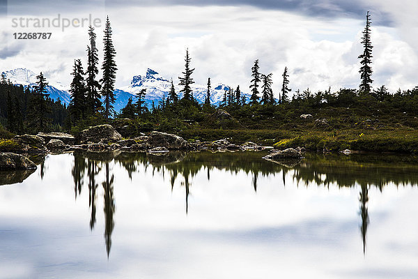 Landschaft mit dem Gipfel des Black Tusk über dem See und den Bäumen  Brandywine Meadows  Garibaldi Provincial Park. Whistler  British Columbia  Kanada