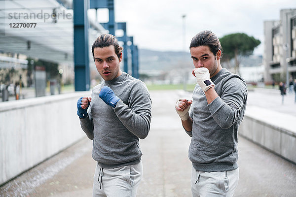 Identische männliche erwachsene Zwillingsboxer  die im Freien trainieren  Kampfstandportrait