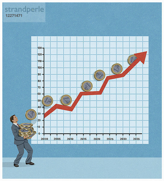 Glücklicher Geschäftsmann fängt Euro-Münzen aus steigender Grafik