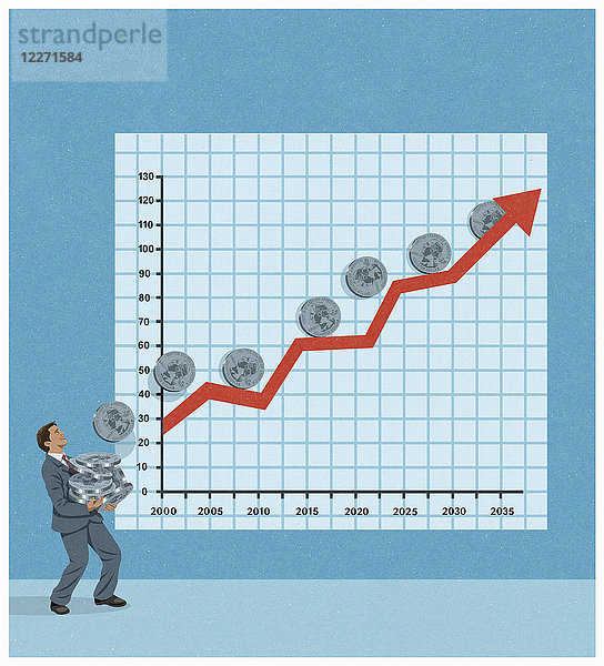 Glücklicher Geschäftsmann  der Vierteldollarmünzen aus dem aufsteigenden Graphen auffängt