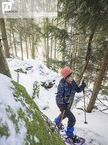 Hohe Winkel Ansicht eines Mädchens Schneeschuhwandern im Schwarzwald  Deutschland  Europa