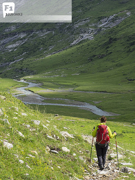 Frau beim Wandern in den Hochpyrenäen beim Abstieg von der Hourquette d'Alans zur Pont d'Estaube  Gavarnie  Frankreich