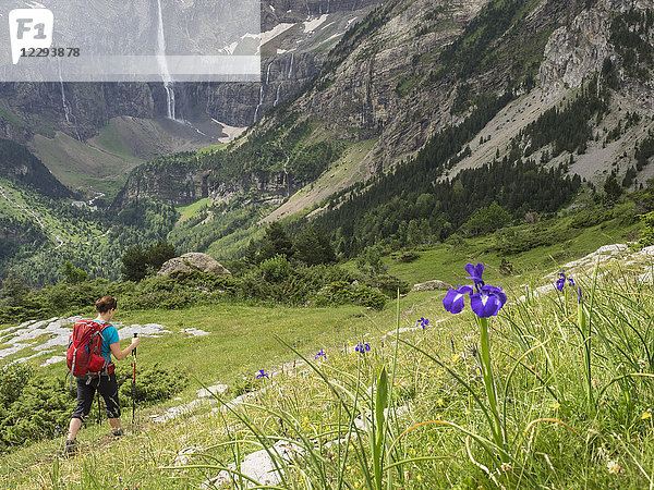 Frau beim Wandern in den Hochpyrenäen auf einem Singletrail mit Blick auf den Cirque de Gavarnie  Frankreich