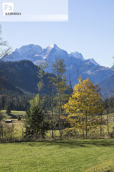 Blick auf eine herbstliche Landschaft und einen schneebedeckten Berg in den bayerischen Alpen  Alpspitz  Wettersteingebirge