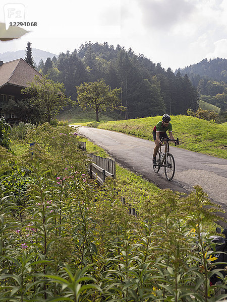 Mann mit Rennrad auf Radtour im Südschwarzwald  Baden-Württemberg  Deutschland