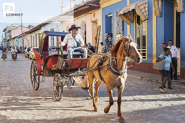 Mann fährt auf einem Pferdewagen in der Altstadt von Trinidad  Kuba