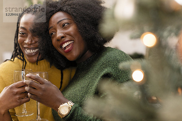 Fröhliche  liebevolle Schwestern beim Weintrinken am Weihnachtsbaum