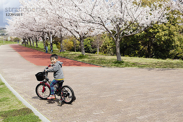 Ganzflächiges Porträt eines Jungen  der Fahrrad fährt  auf einem Wanderweg im Park.