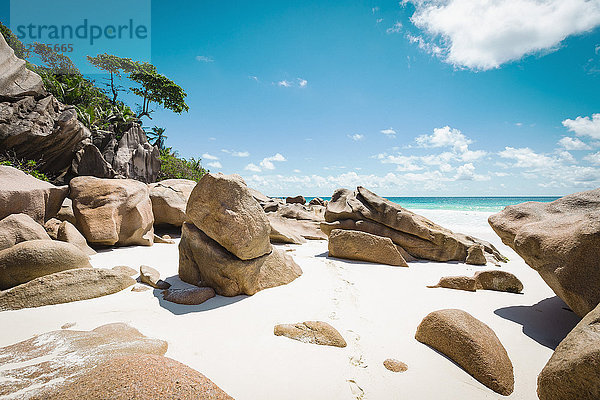 Felsen am Strand gegen den blauen Himmel bei Sonnenschein  Insel La Digue  Seychellen