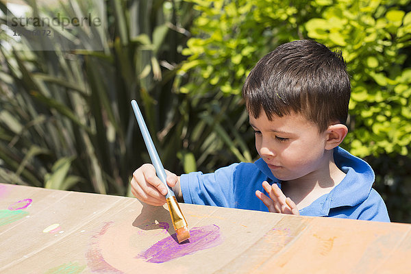 Hochwinkelansicht der Jungenmalerei auf Pappspielhaus im Hinterhof bei Sonnenschein