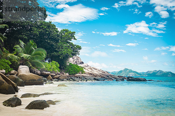Blick aufs Meer gegen den blauen Himmel  Insel La Digue  Seychellen