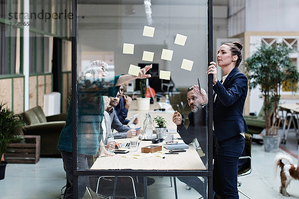 Businesswomen explaining adhesive notes to colleagues in meeting at office