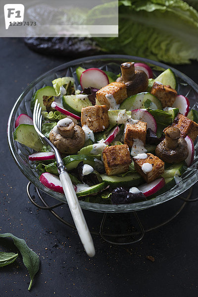Ein Salat mit gebratenem Tofu  Pilzen und Kräuterdressing