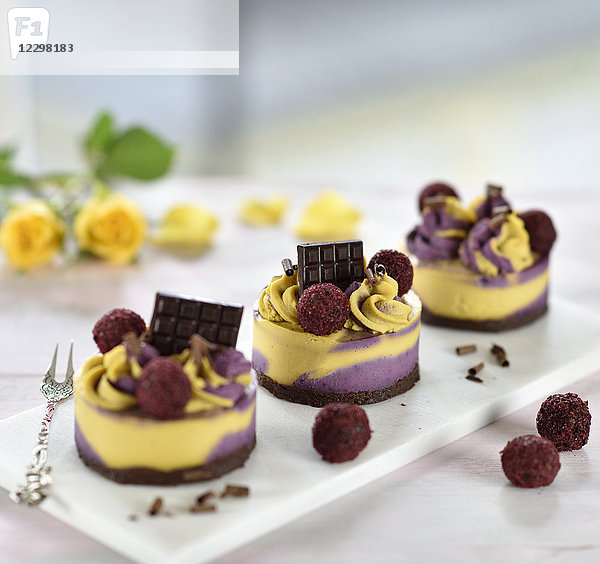 Rohe Cassis- und Mangotörtchen mit Schokoladen- und Mandelboden  dekoriert mit fruchtigen Schokoladenkugeln und Schokoladenquadraten (vegan)