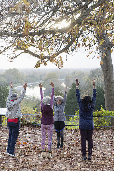 Active seniors practicing yoga  stretching in autumn park