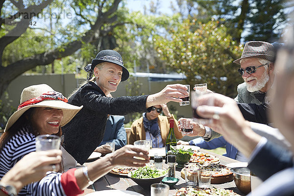 Happy senior friends toasting wine glasses at sunny garden party table