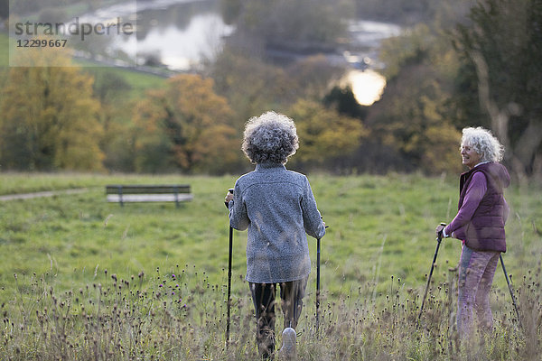 Active senior women friends hiking with poles in rural field