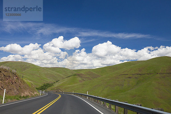 Landschaft mit Landstraße und grünen Hügeln unter blauem Himmel mit Wolken  Palouse  Washington State  USA