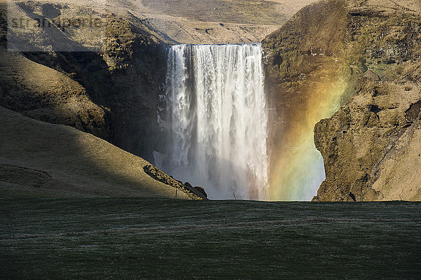 Regenbogen vor dem plätschernden Wasser des Skogafoss-Wasserfalls in der Abenddämmerung  Island