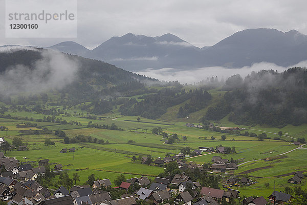 Bewölktes Wetter  das die Berge in Nebel hüllt  Bohinj-Tal in den Julischen Alpen  Slowenien