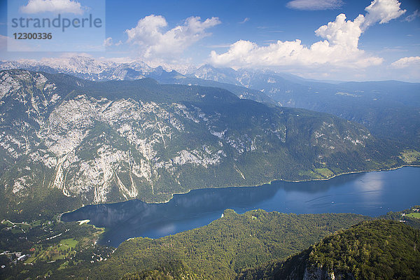 Der Bohinjer See vom Berg Vogel aus gesehen  der größte permanente See im Bohinjer Tal der Julischen Alpen  Nationalpark Triglav  Slowenien