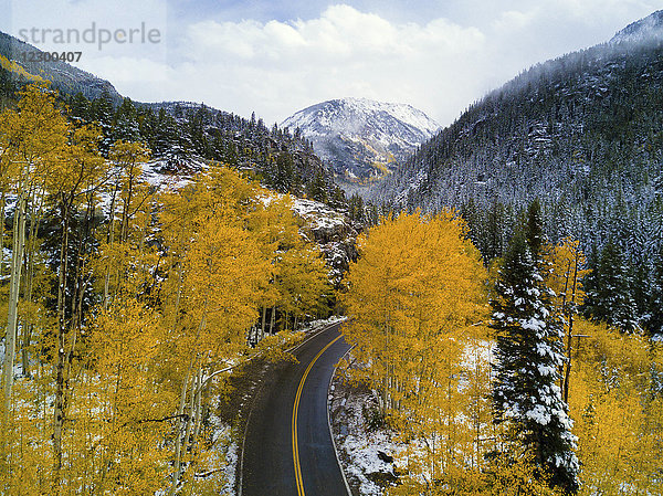 Straße durch Wald in Herbstfarben mit Schnee und Bergen im Hintergrund  Independence Pass  Aspen  Colorado  USA