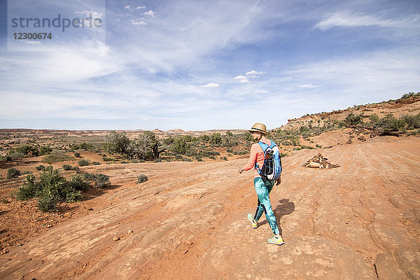 Rückansicht einer einsamen Frau bei einer Rucksacktour durch die Wüste im Grand Staircase-Escalante National Monument  Utah  USA