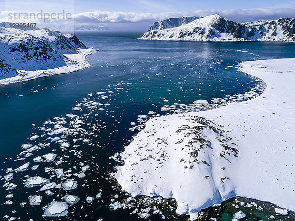 Blick auf den Arktischen Ozean mit Packeis und Bergen an der Küste  Danskoya  Spitzbergen  Svalbard und Jan Mayen  Norwegen